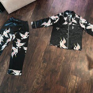 SilkSilky 100% Silk Crane Print Pajama Set Small NWT